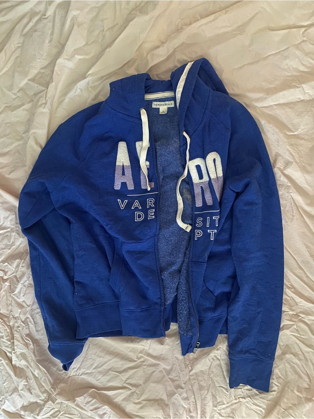 Aeropostale Royal Blue Zip-Up Hoodie with White Drawstrings
